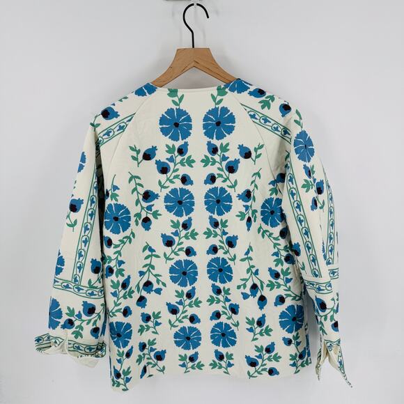 Floral Print Button Front Jacket Cream Blue Green Folk Art Style Size S - Picture 2 of 9